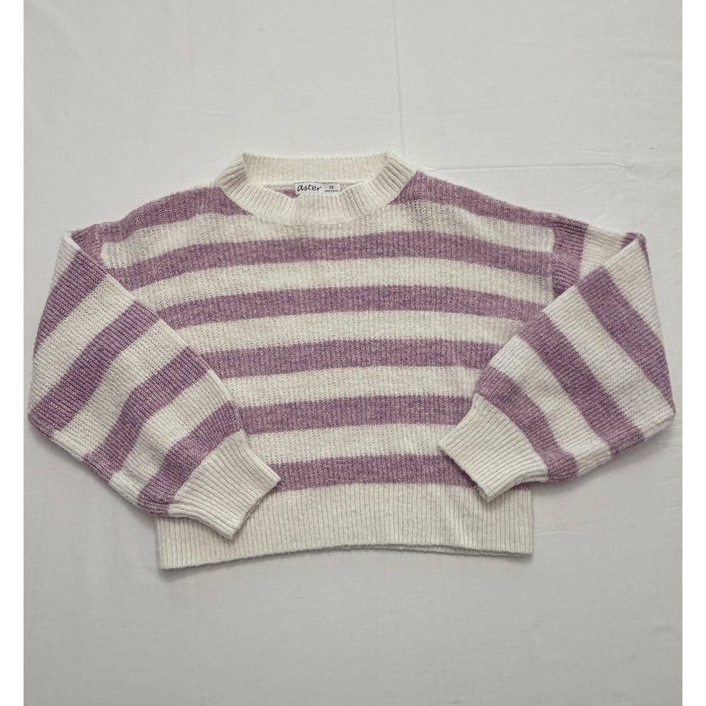Aster Sweater Womens XS‎ Purple White Striped Crewneck Long Sleeve Pullover Knit